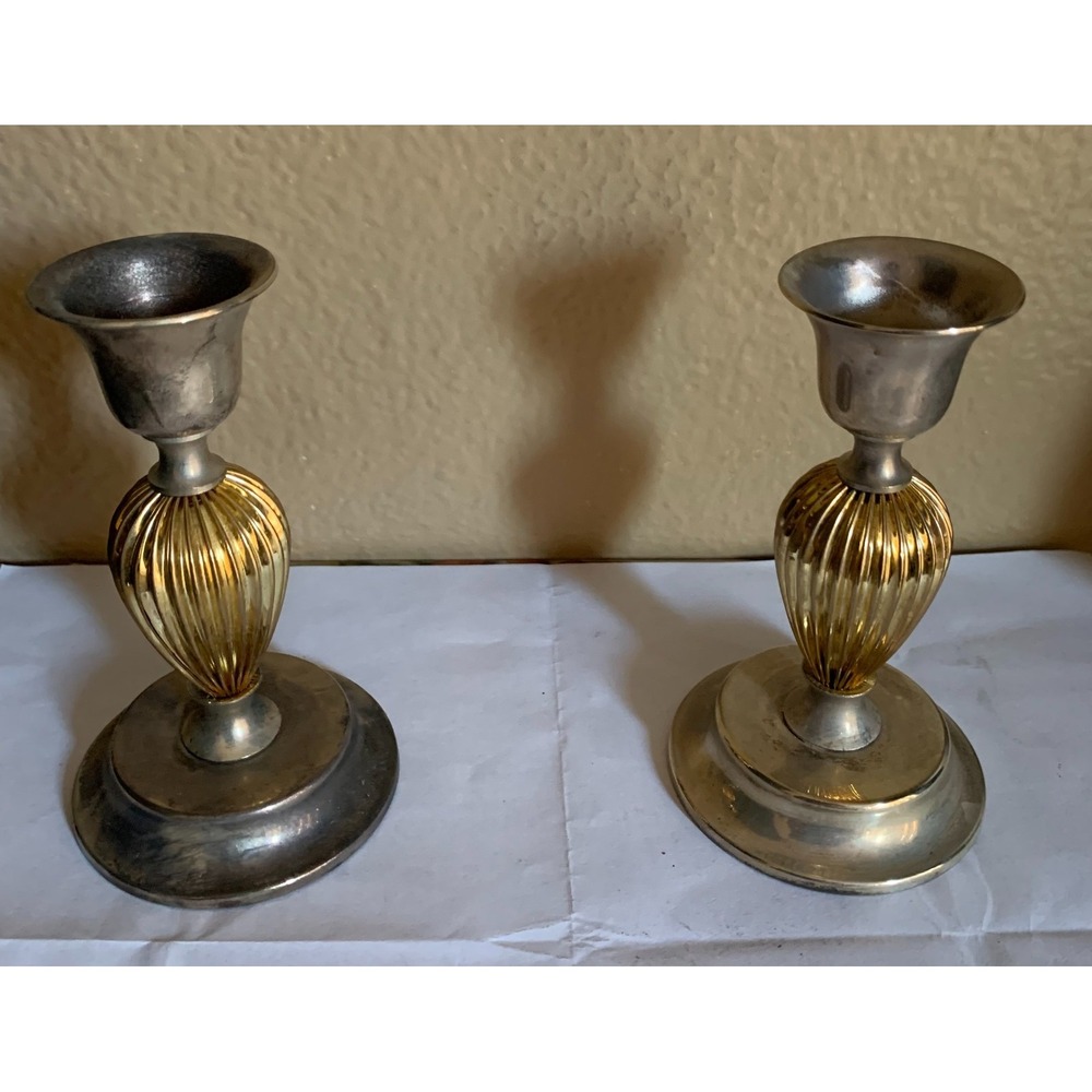 Vintage Silver and Gold Tone Metal Taper Candle Stick‎ Holder Pair Set of 2